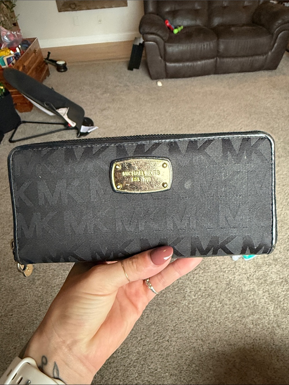 Michael Kors Black Signature MK Zip Wallet with Gold Plaque